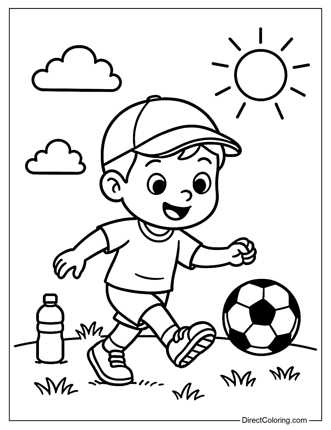 Coloring page of a child practicing soccer in the sun, wearing a hat and with a bottle of water next to him.